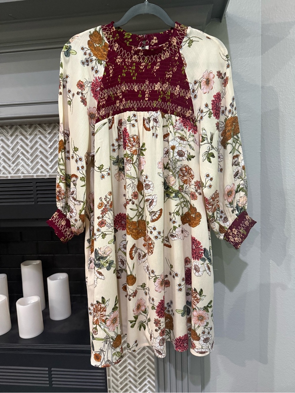 Umgee Cream Floral Dress with Burgundy Smocked Yoke